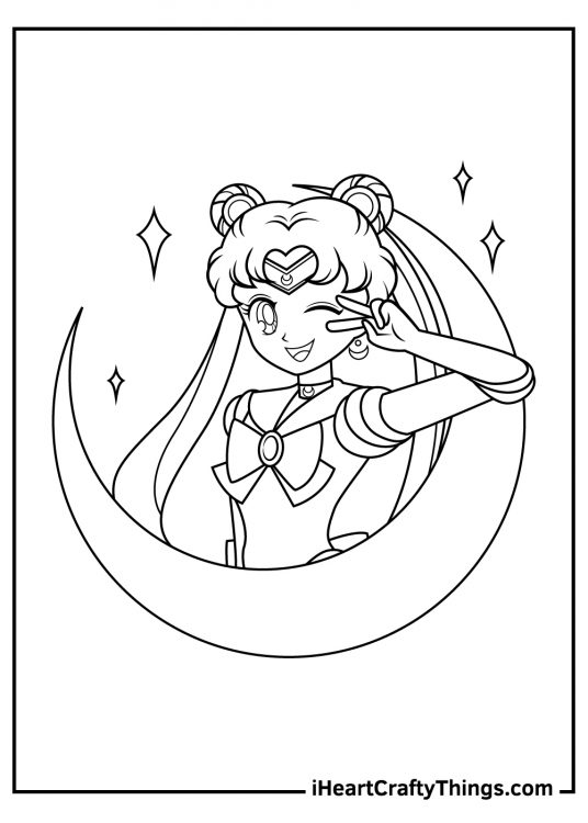Printable portrait of a Sailor Moon showing peace sign over her eyes surrounded by the moon and sparkles