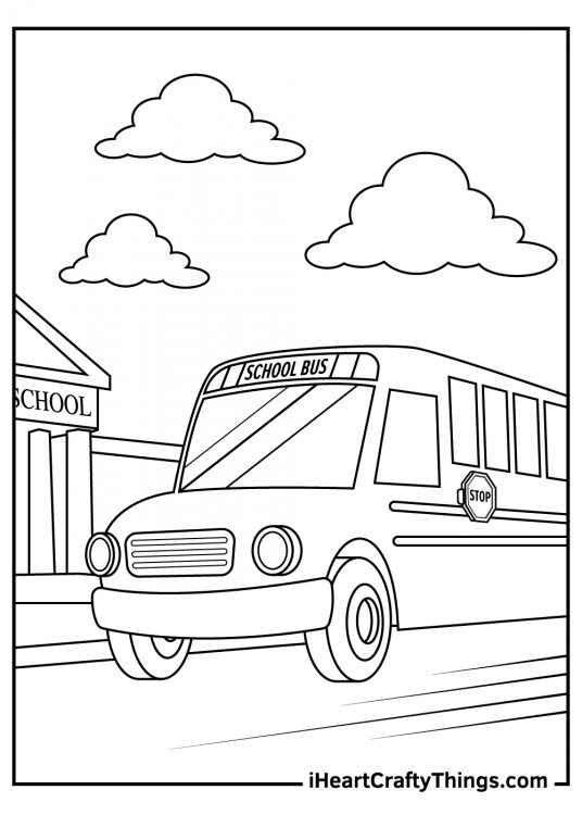 Free printable coloring sheet featuring school bus pulling up in front of the school