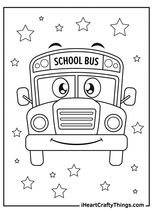 Coloring page of a cartoony school bus with a wide grin, raised eyebrows and gleaming eyes surrounded by stars