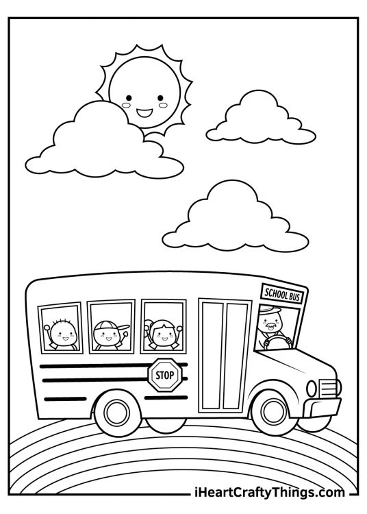 Coloring page of a cartoony school bus full of children driving down the rainbow surrounded by clouds and sun