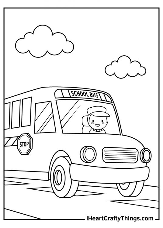 Detailed coloring picture featuring school bus driven by a happy driver surrounded by clouds in the sky