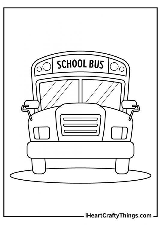 Free printable coloring sheet for kids featuring the forepart of a massive school bus