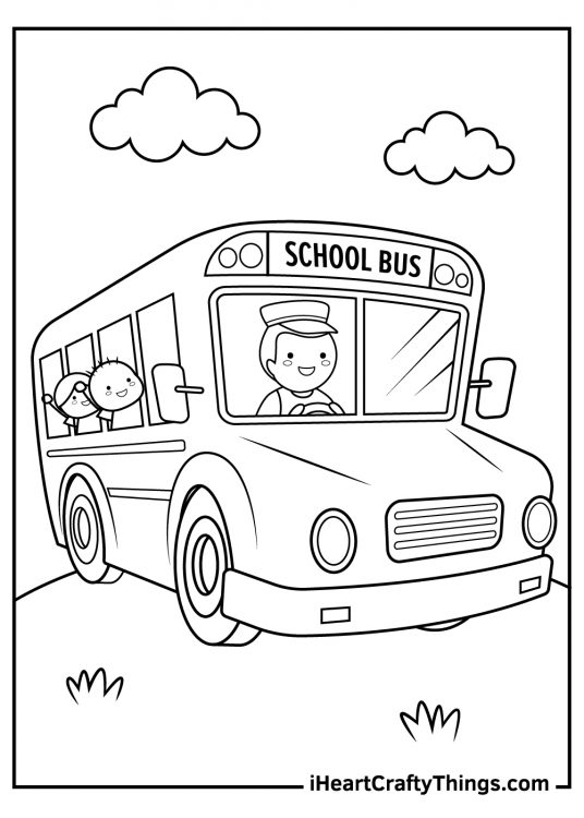 Coloring sheet of a school bus with a happy driver and two students featured at the top of a hill