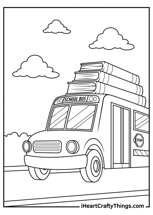 Printable page to color of a school bus on the road on a cloudy day carrying three massive books on its roof