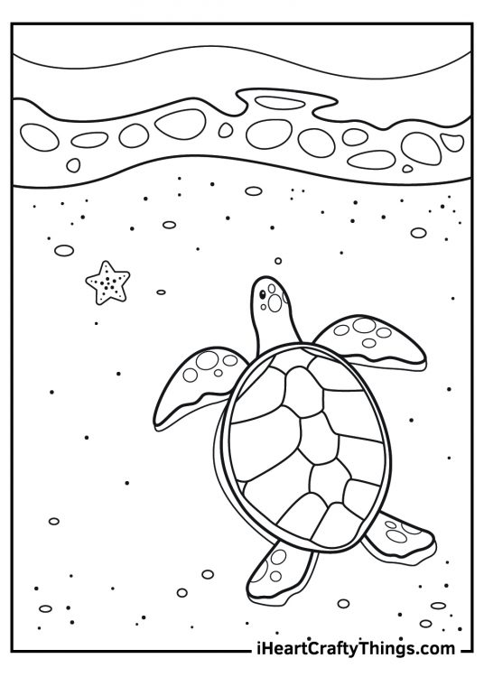 Coloring picture for kids featuring sea turtle crawling on the coast towards the ocean