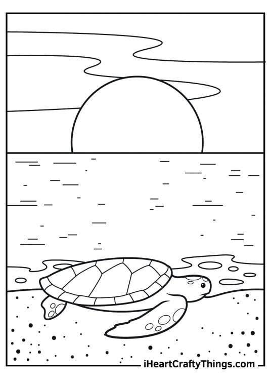 Coloring page capturing sea turtle at the beach with the sun setting in the background