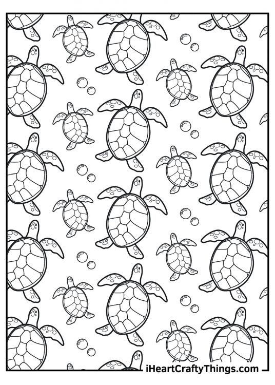 Sea turtle-themed printable featuring many various size sea turtles surrounded by bubbles