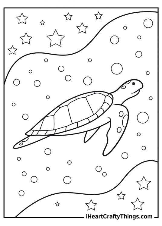 Detailed picture featuring sea turtle enjoying its swim in the water with bubbles and stars all around it