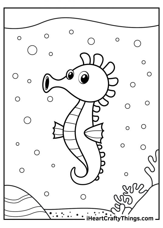 Coloring page of a cute seahorse swimming under the ocean surrounded by seaweed and water bubbles