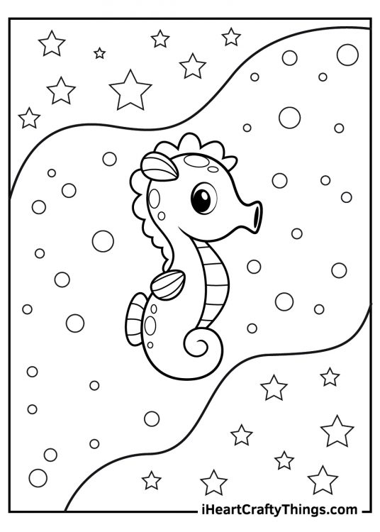 Printable coloring sheet of a baby seahorse with a lot of stars and bubbles in the background