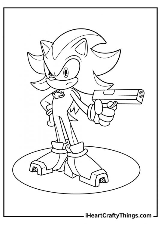 Shadow the hedgehog-themed printable featuring Shadow standing on a spotlight and holding a gun