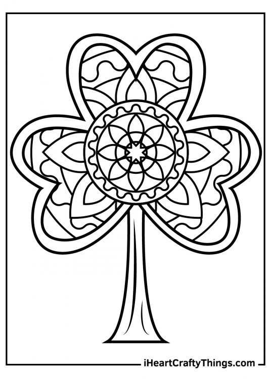 Details coloring sheetc for adults featuring shamrock with various patterns inside