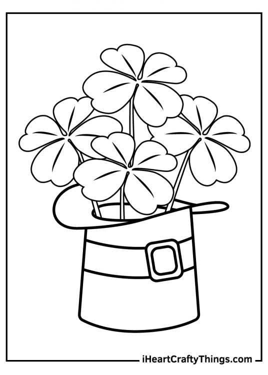 Shamrock coloring sheet featuring four shamrocks inside a hat with a belt wrapped around it