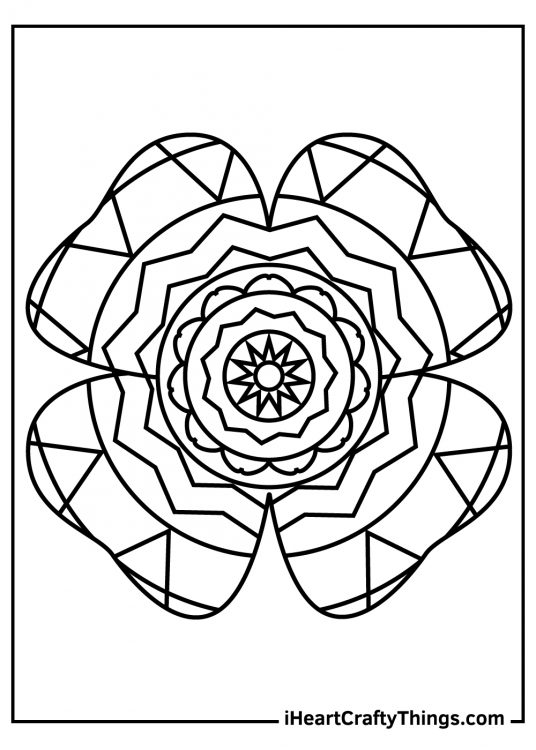 Detailed coloring picture featuring shamrock designed with various geometric patterns