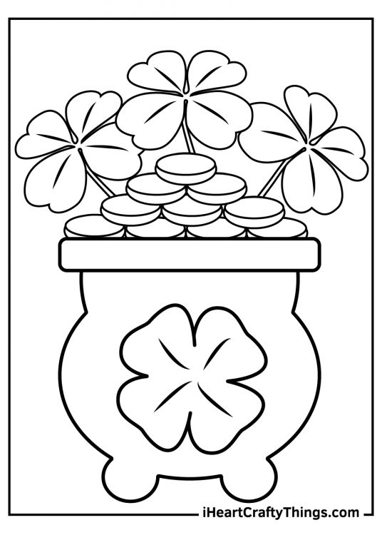 Shamrock coloring page presenting a massive pot filled with gold coins and three shamrock plants