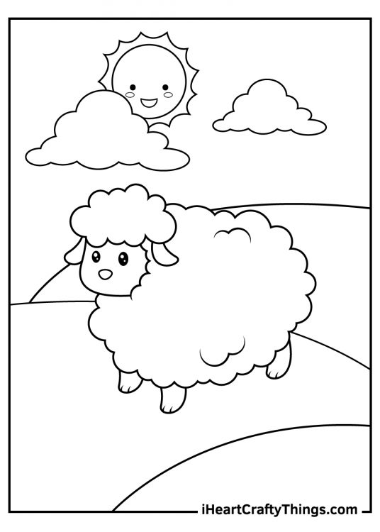 Coloring page for children of a sheep standing on the field with the sun shining above it