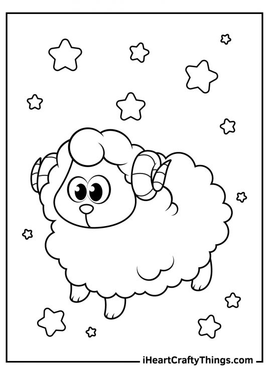 Sheep-themed picture featuring cute little ram with curly horns and starry background