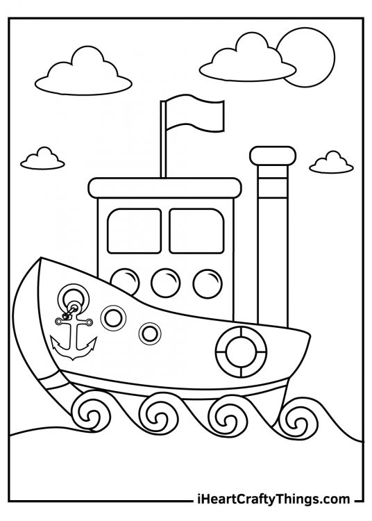 Ship with a flag on the cabin, round windows and smokestack sailing across the sea printable pdf to color