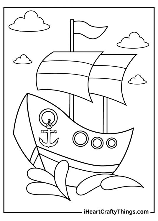 Coloring sheet of a boat with three flags and an anchor at the front navigating through the sea