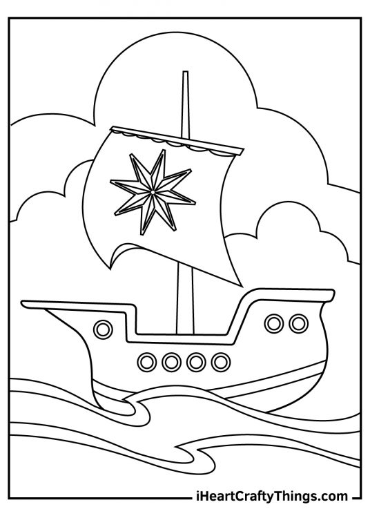 Coloring pdf of a boat with a huge flag with a star sailing across the violent ocean surrounded by gloomy clouds
