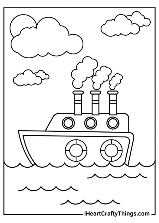 Prinbtable coloring page of a large ship with round windows sailing across the calm ocean