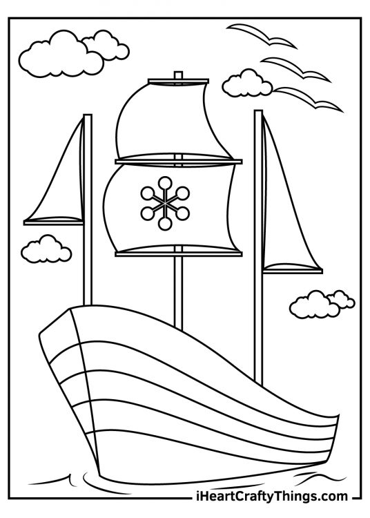 Coloring image of a boat with a snowflake on the sail located in the peaceful ocean with clouds in the sky