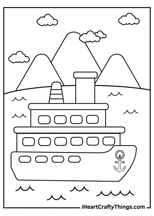 Page to color featuring vast ship on a journey with mountains and clouds on the horizon