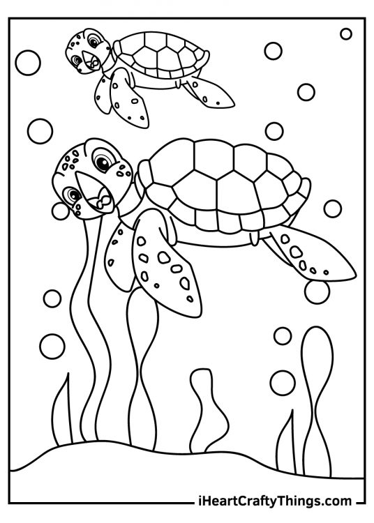 Simple animal coloring sheet for kids featuring two sea turtles swimming under water