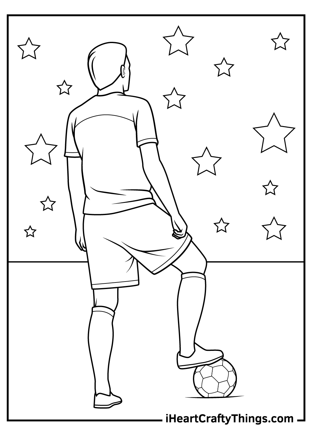 Free printable to color featuring surrounded by stars soccer player from the back with his foot on the ball