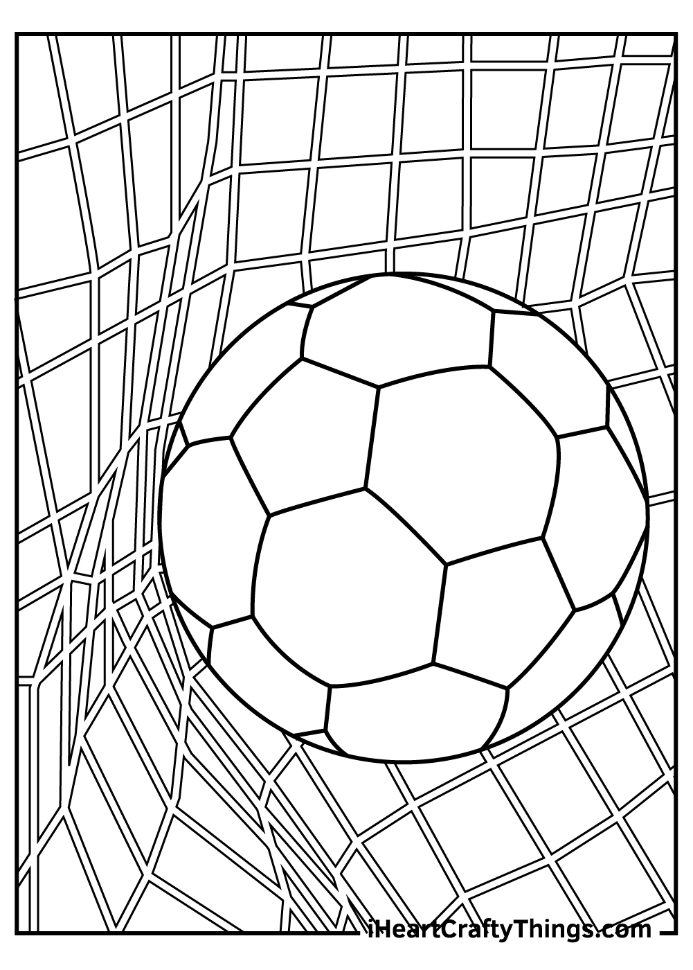 Black-and-white printable featuring large soccer ball with the net in the background