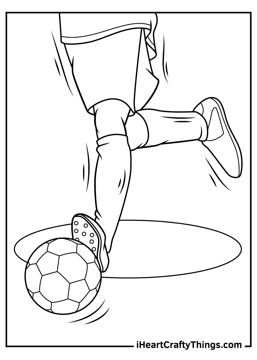 Printable sheet to color featuring lower body part of soccer player while dribbling the ball