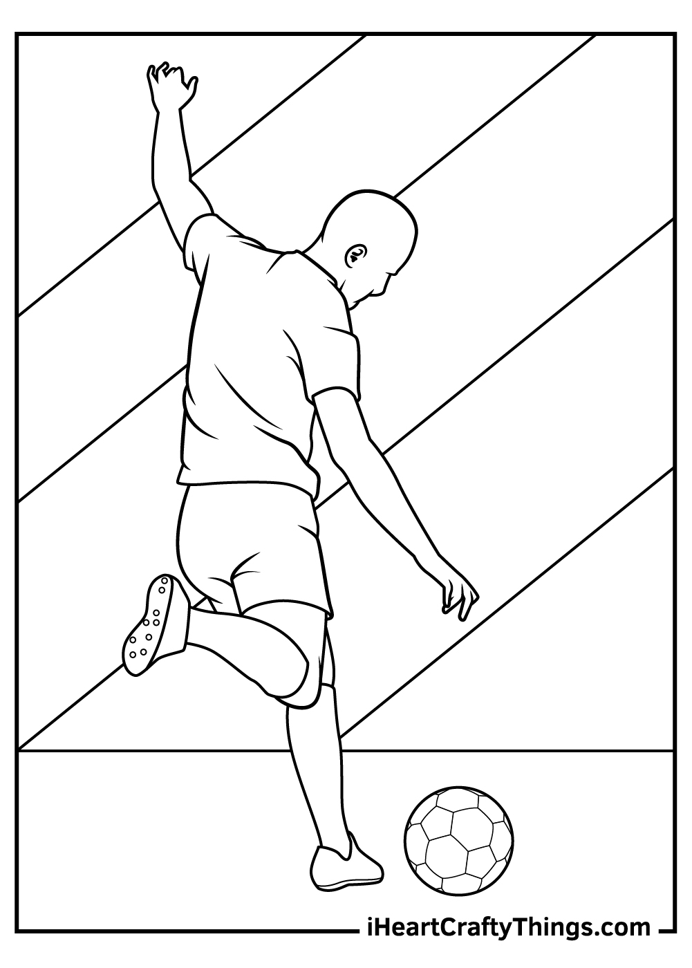 Printable coloring sheet featuring back view of the soccer player going for a kick with segmented background