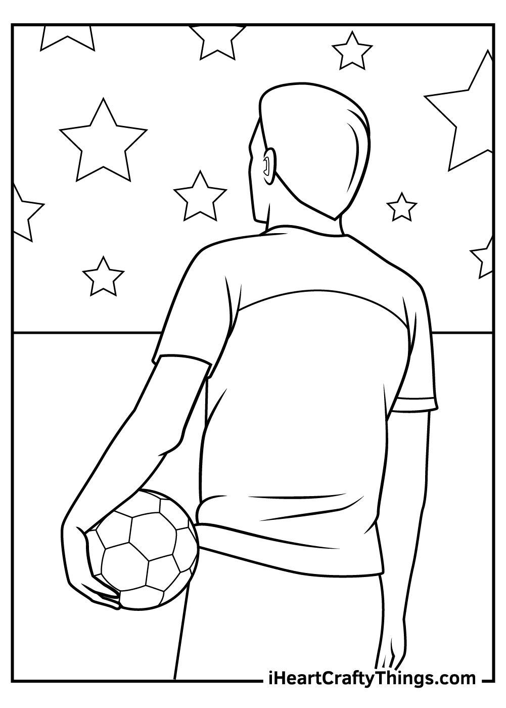 Coloring page of a back view of the soccer player holding the ball in his left hand near hip surrounded by stars