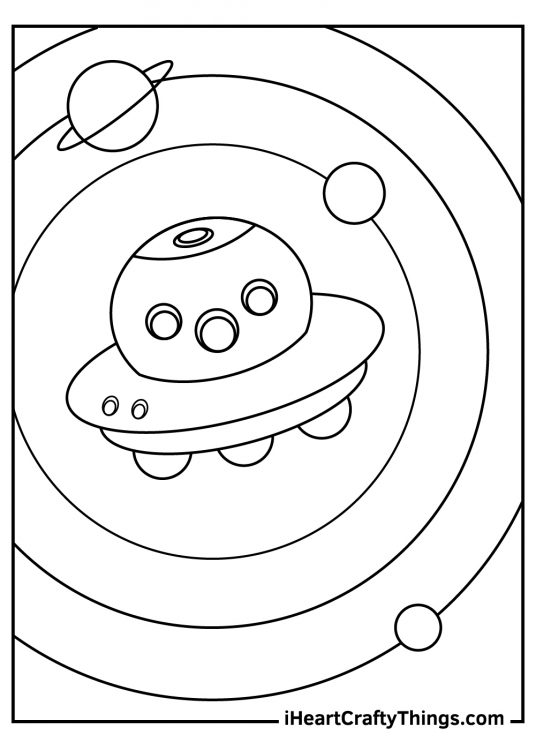 Spaceship-themed coloring page for kids featuring alien space vehicle orbiting other planets