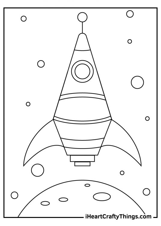 Printable coloring page for kids presenting a spaceship and a planet Earth beneath it