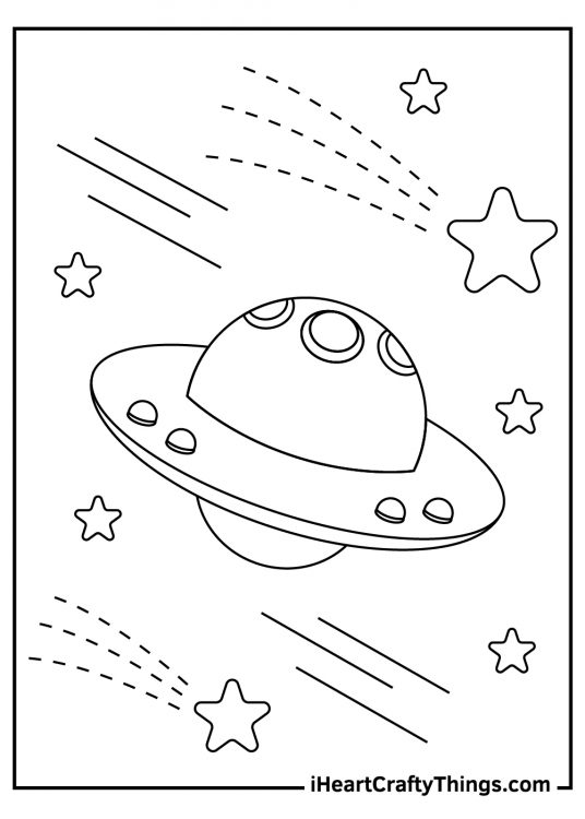 Spaceship-themed printable for kids featuring alien spaceship with stars in the background
