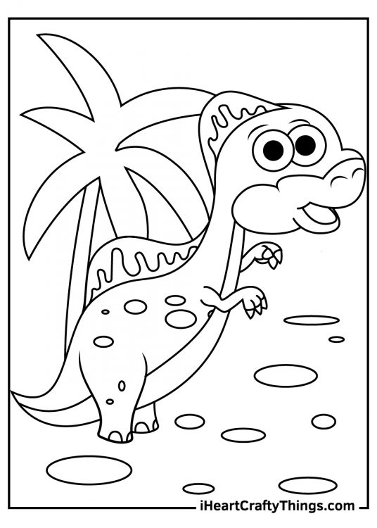 Cloring page for pre-schoolers featuring cartoony spinosaurus in a jungle setting
