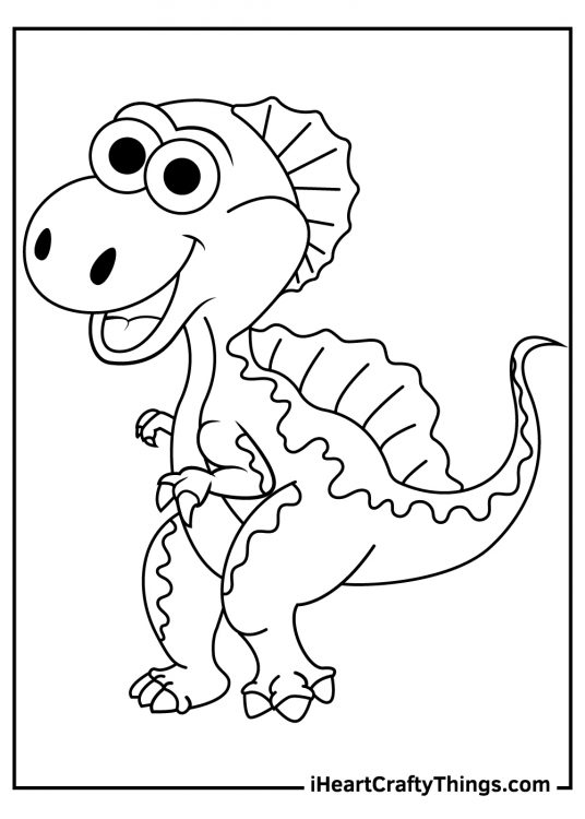 Spinosaurus coloring sheet for children featuring cute friendly cartoony dinosaur
