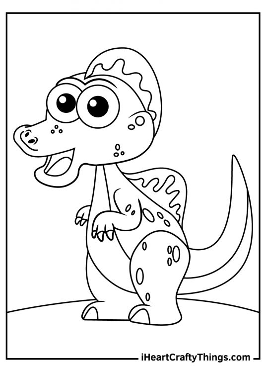 Coloring sheet for kids depicting little cartoony spinosaurus looking excited with wide eyes