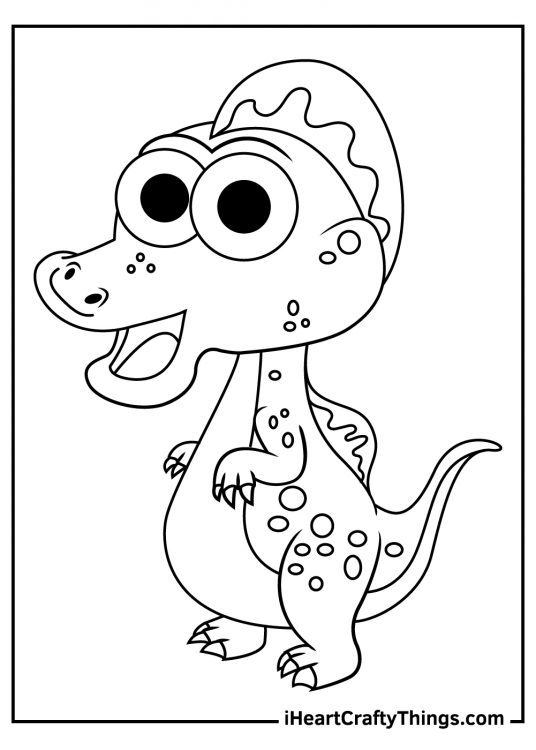 Picture to print and color presenting cartoony baby spinosaurus standing on two legs