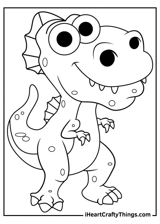 Printable coloring sheet for children featuring cartoony spinosaurus with friendly facial expression