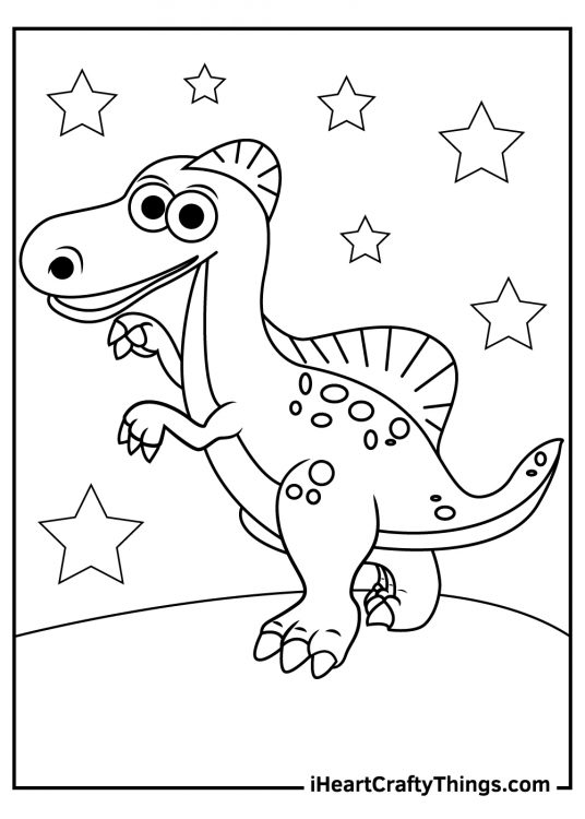 Coloring book page for children featuring cartoony spinosaurus surrounded by stars