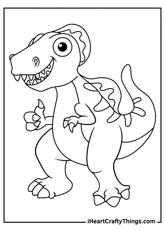 Coloring image for children depicting cheerful spinosaurus drawn in a cartoony style
