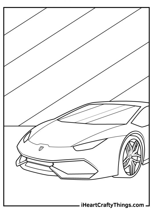 Sports car-themed coloring page presenting a close-up front view of a Lamborghini with segmented background