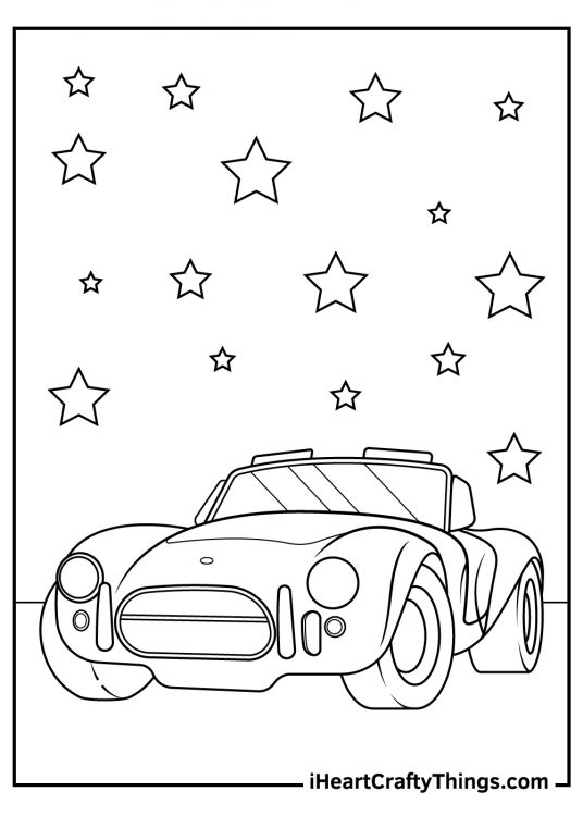 Coloring picture of a convertible sports car with round headlights and huge wheels surrounded by stars