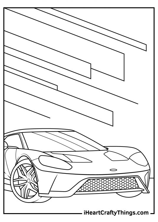 Coloring page featuringn the front of a modern sports car equipped with alloy rims and modern front bumpers