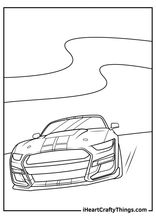 Printable coloring image featuring front view of a Mustang sports car with wavy lines in the background