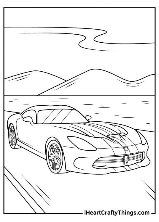 Free printable featuring two-door luxurious sports car driving nearby the ocean with mountains in the background