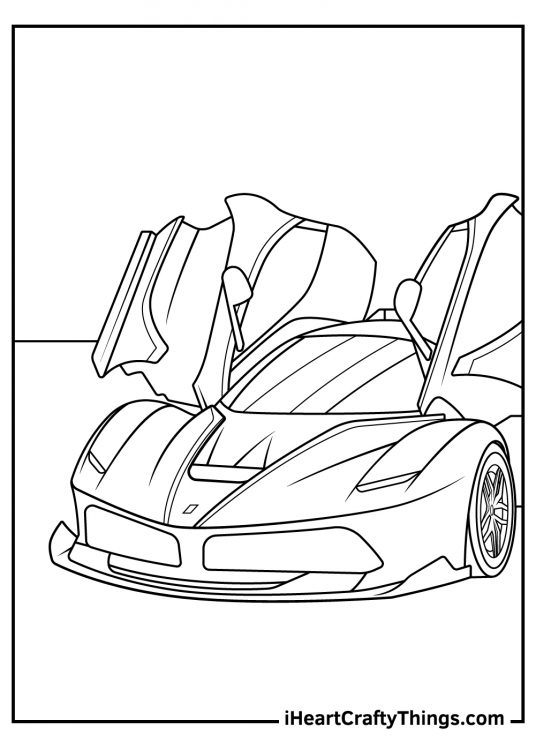 Coloring page featuring a close-up of a luxurious sports car with scissor doors which are opened upwards