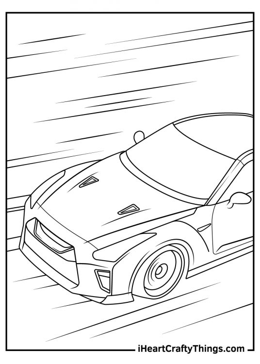 Detailed printable picture featuring a close-up view from the top onto popular sports car Nissan GT-R